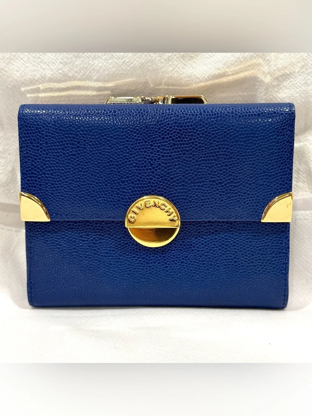 Vintage Givenchy Rare Royal Blue Textured Leather Compact Wallet w/ Kiss-Lock